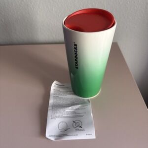 Starbucks 2022 Green Gradient Orange Lid Travel Cup Ceramic Tumbler 12oz IRISH
